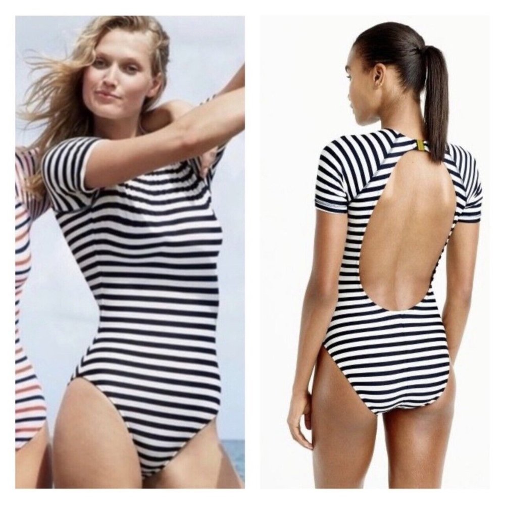 JCrew Open-Back Short-Sleeve One-Piece Swimsuit in Classic Stripe, Size 12